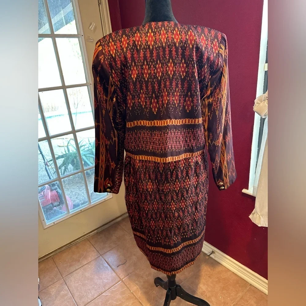 Vintage Alexandra Thai Silk Skirt Suit Set Jacket & Pencil Skirt Ikat Print Sz S